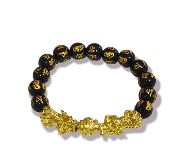 Obsidian Double Pixiu Bracelet | Om Mani Bracelet Wealth Good Luck Dragon with Double Gold Plated Pi Xiu