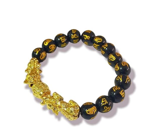 Obsidian Double Pixiu Bracelet | Om Mani Bracelet Wealth Good Luck Dragon with Double Gold Plated Pi Xiu - Image 2