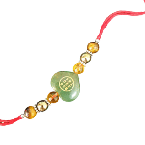 Green Jade Stone Money Switch Word Zibu Heart Symbol Rakhi | Citrine, Tiger Eye and Golden Hametite Agate Rakhi