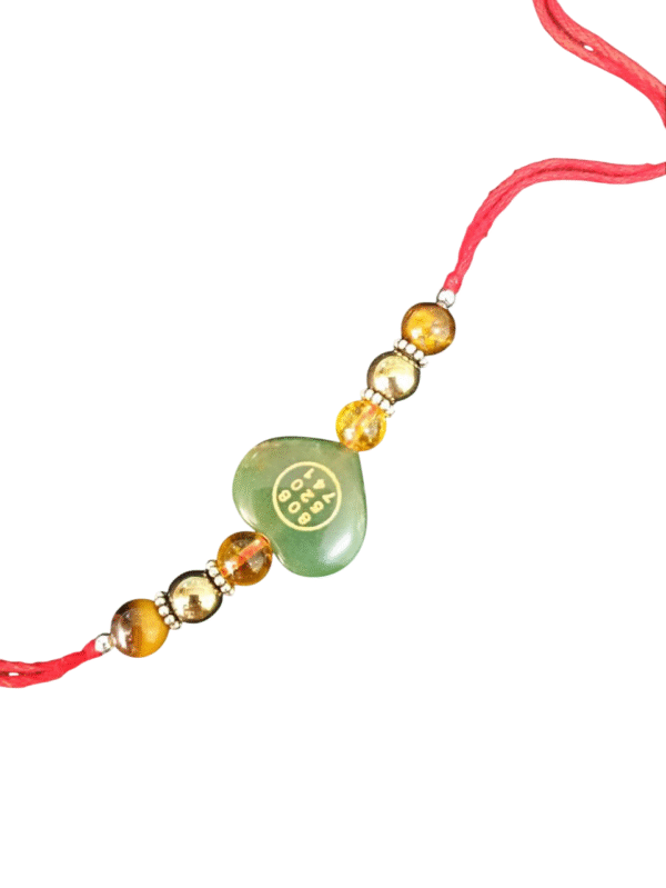 Green Jade Stone Money Switch Word Zibu Heart Symbol Rakhi | Citrine, Tiger Eye and Golden Hametite Agate Rakhi