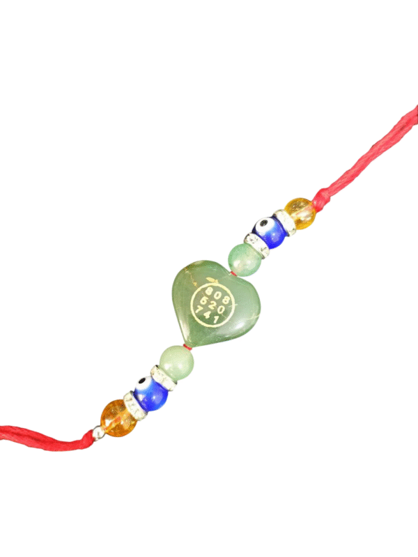 Green Jade Stone Money Switch Word Zibu Heart Shape Symbol and Evil Eye Rakhi |Green Aventurine and Evil Eye Agate Rakhi