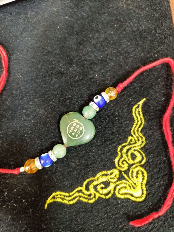 Green Jade Stone Money Switch Word Zibu Heart Shape Symbol and Evil Eye Rakhi |Green Aventurine and Evil Eye Agate Rakhi - Image 3
