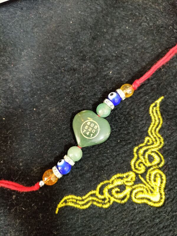 Green Jade Stone Money Switch Word Zibu Heart Shape Symbol and Evil Eye Rakhi |Green Aventurine and Evil Eye Agate Rakhi - Image 2