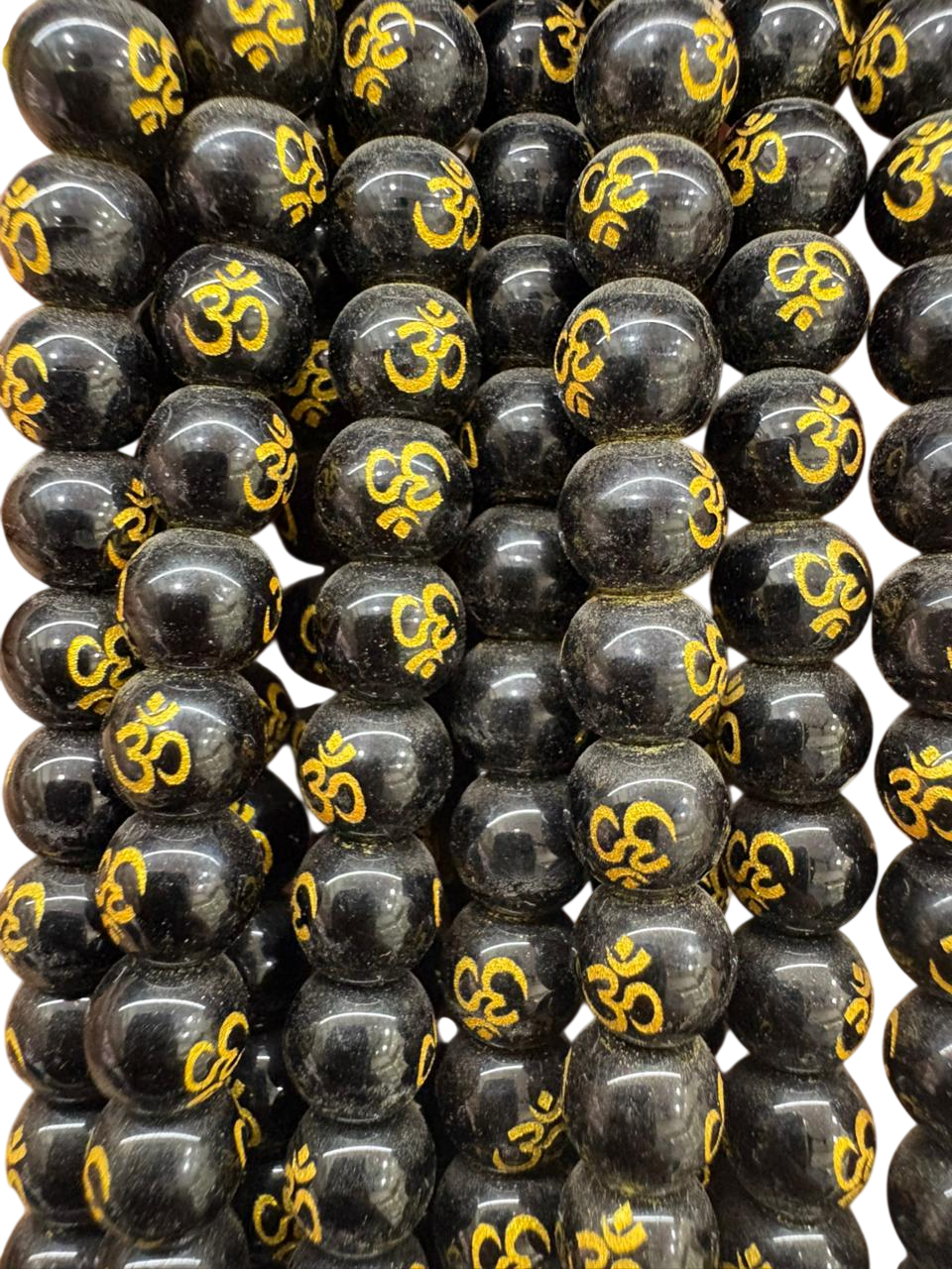 Black Beads with Golden Om Design Gemstone Round Beads for Jewelry Making