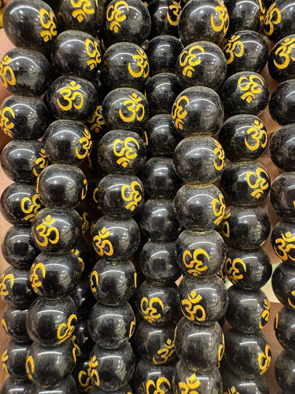 Black Beads with Golden Om Design Gemstone Round Beads for Jewelry Making - Image 3