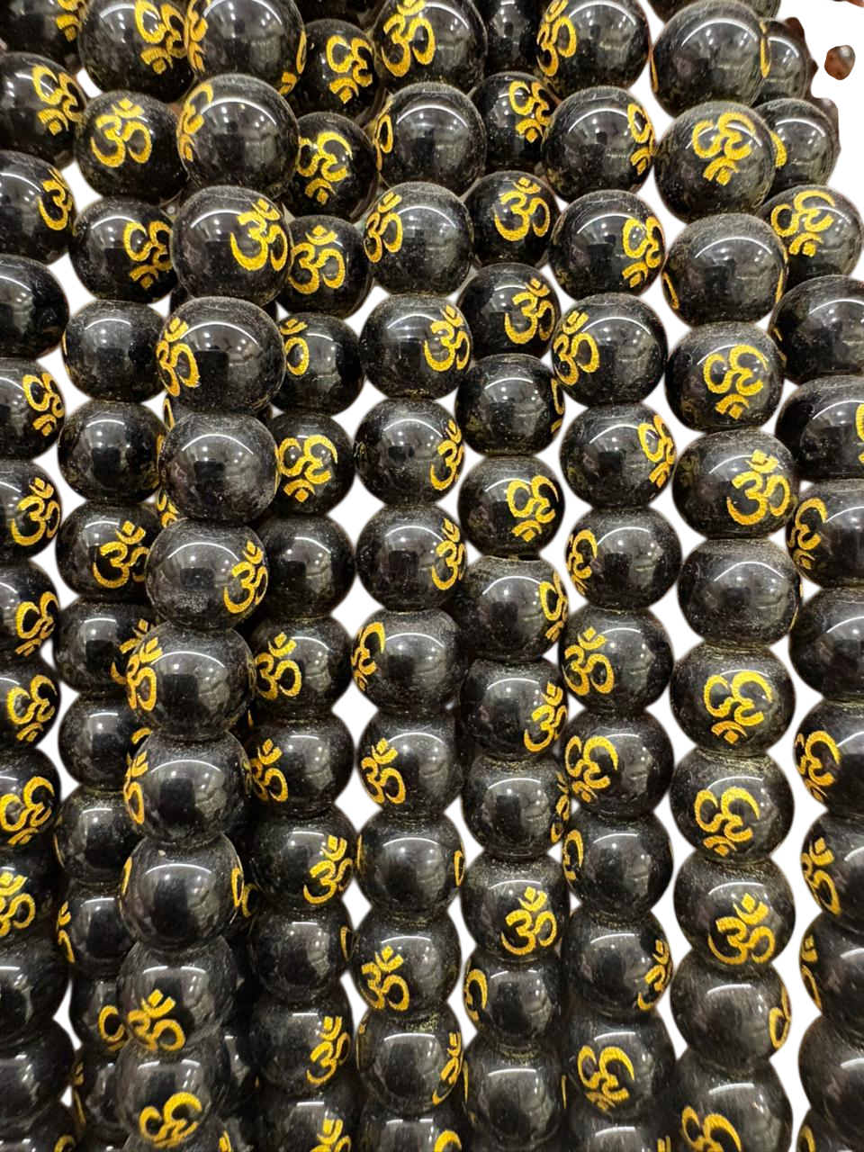 Black Beads with Golden Om Design Gemstone Round Beads for Jewelry Making - Image 2