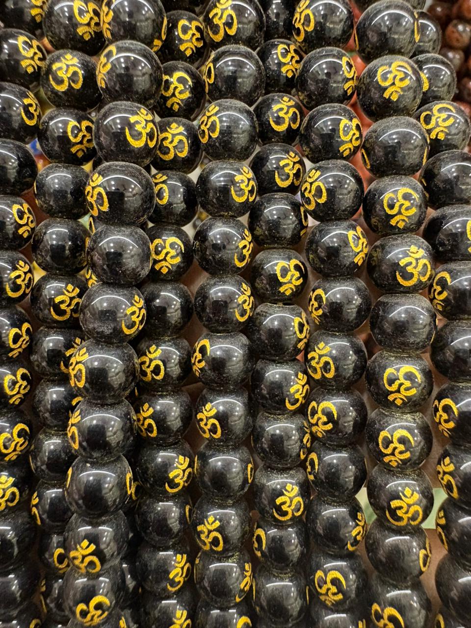 Black Beads with Golden Om Design Gemstone Round Beads for Jewelry Making - Image 4